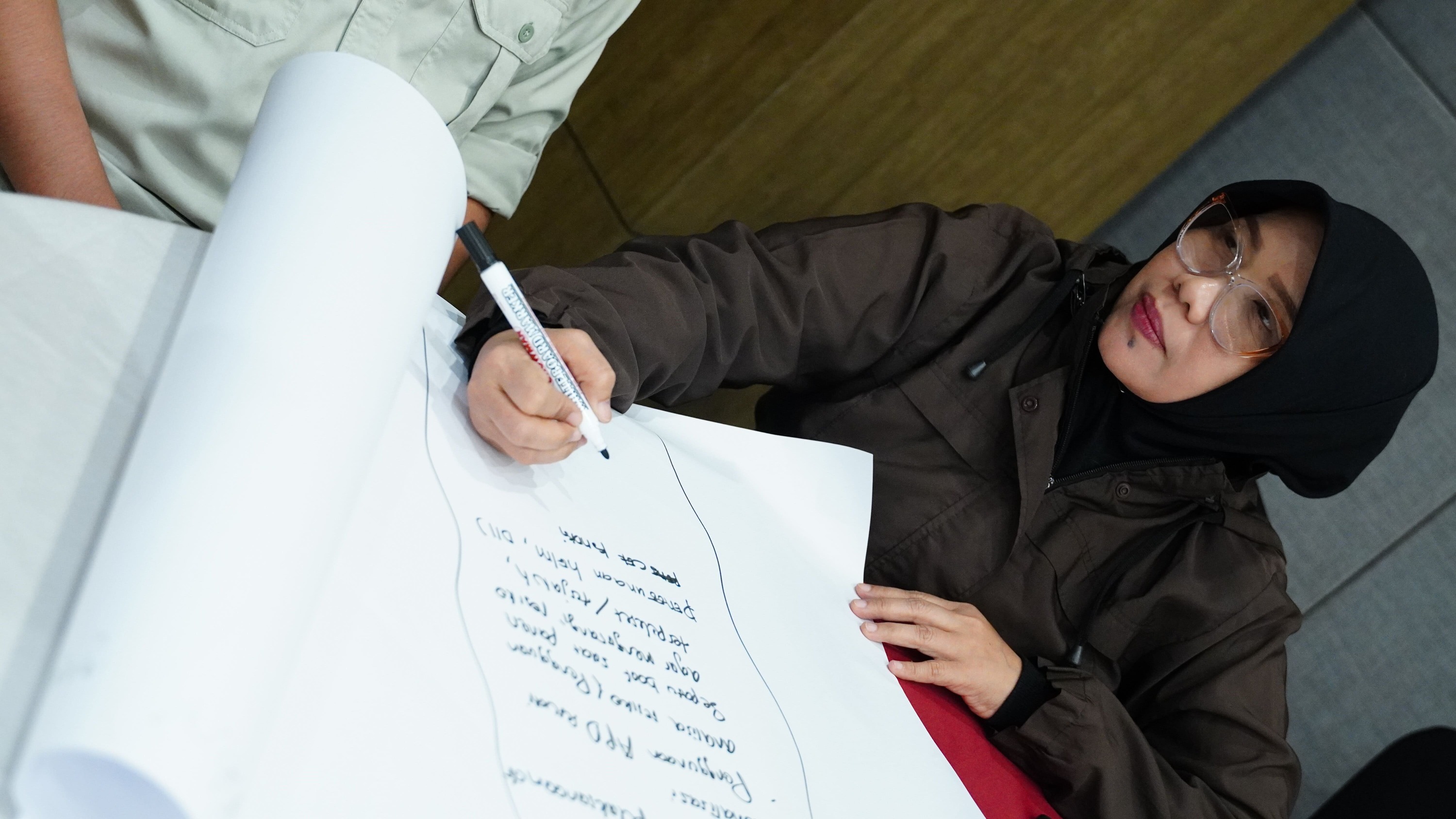 Facilitator reviewing breakout canvas with team